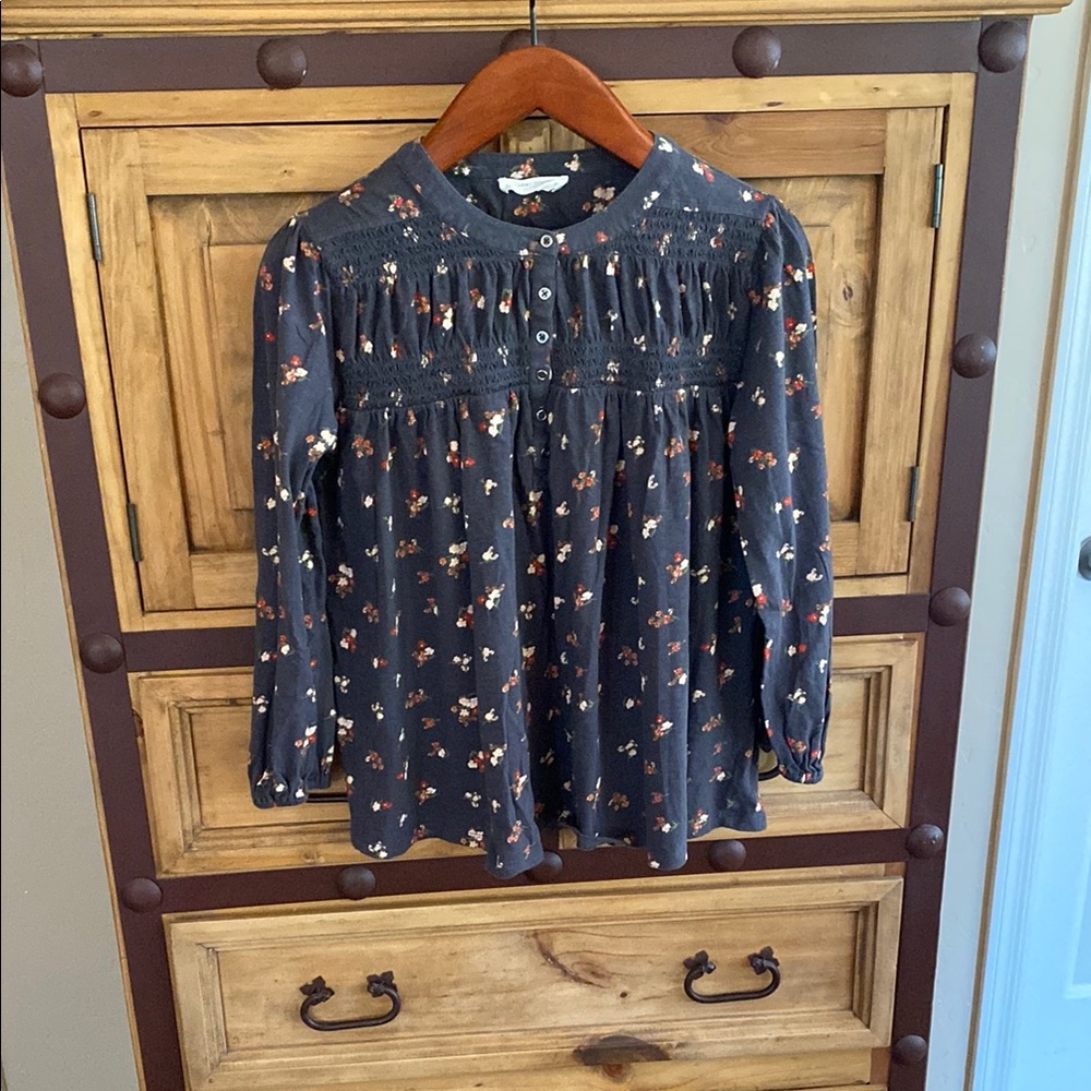 Lucky Brand Cream Smocked Long Sleeve Blouse